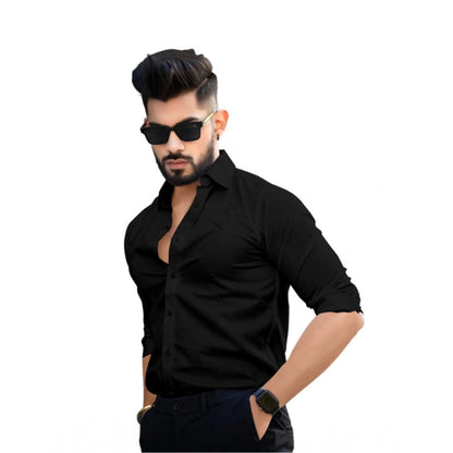 Generic Men's Casual Full Sleeve Poly Viscose Collar Neck Shirt (Black)