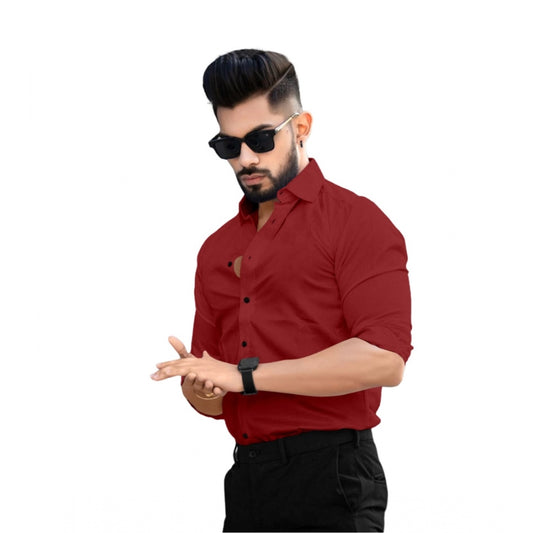 Generic Men's Casual Full Sleeve Poly Viscose Collar Neck Shirt (Maroon)