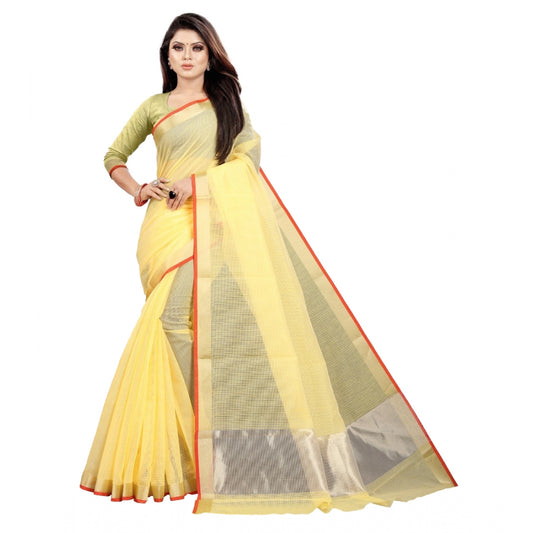 Generic Women's Silk Blend Striped Saree With Unstitched Blouse 5.5Mtr (Yellow)