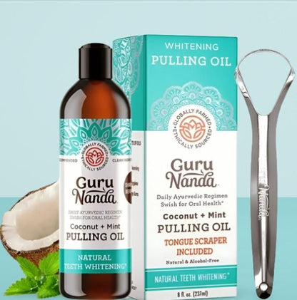 OS Guru Nanda Coconut & Mint Teeth Whitening Oil with Tongue Scraper 237ml PRODUCT CODE (OS0001204)