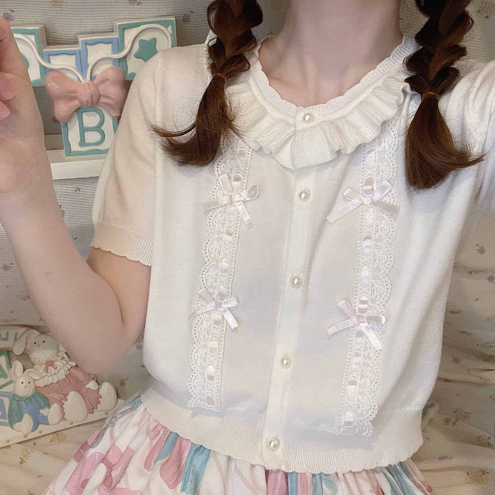 Lace Wear Ribbon Bow French Girl White Short-sleeved Knitted Top