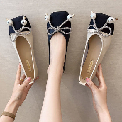 Pearl Bowknot Square Toe Flat Shoes With Soft Sole