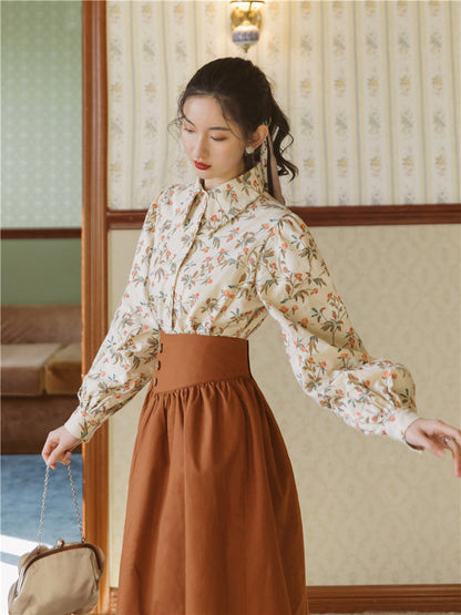 Women's Printed Shirt With High Waist Skirt Two-piece Suit