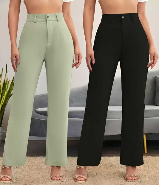 GMG Elegant Pista & Black Lycra Solid Trousers Combo For Women PRODUCT CODE (GMG0010072)