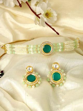 Karatcart Lime Green Beads and Pearl Beaded Green Polki Kundan Choker Necklace Set PRODUCT CODE (OS0006773)