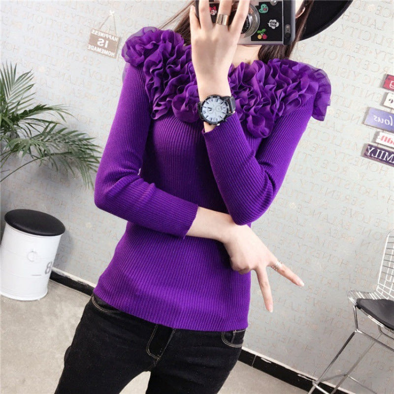 One-line Neck Strapless Short Sexy Long-sleeved Slim Knit Sweater