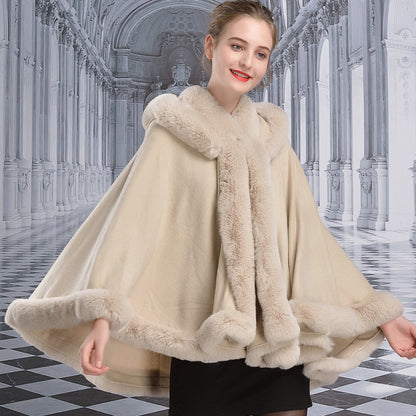 Double-layer Hooded Cloak New Style Rex Rabbit Fur Collar Fashion Shawl