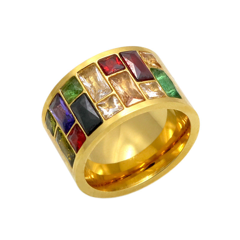 Fashion OL Colorful Ring Titanium Steel With Colored Diamonds