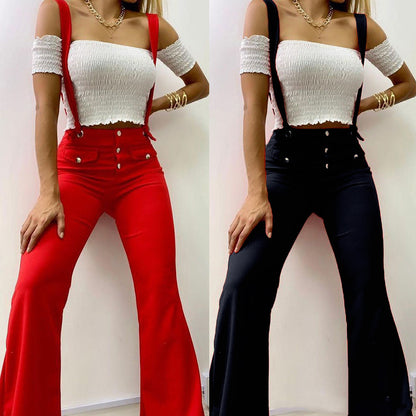 European And American High Waist Strap Casual Flared Pants