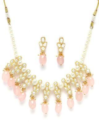 Karatcart Gold Plated Pink Tumble and Pearl Studded Kundan Necklace Set PRODUCT CODE (OS0006713)