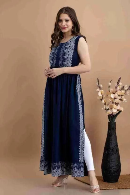 OS OCEANISTA Women's Rayon Printed Long Kurti Navy Blue PRODUCT CODE (OS0009009)