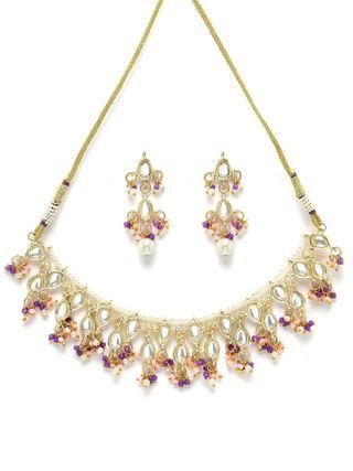 Karatcart Gold Plated Pink and Purple Crystal Kundan Necklace Set for Women PRODUCT CODE (OS0006767)