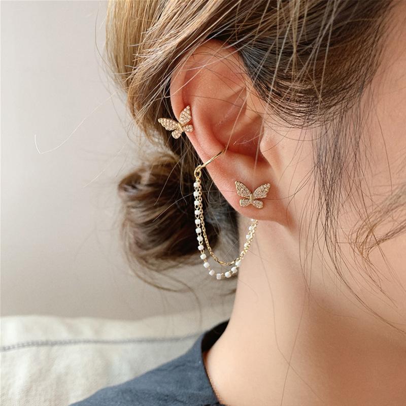 AVR JEWELS High sense of asymmetric butterfly pearl ear bone clip earrings all-in-one female super fairy tassel earrings PRODUCT CODE (OS0006788)