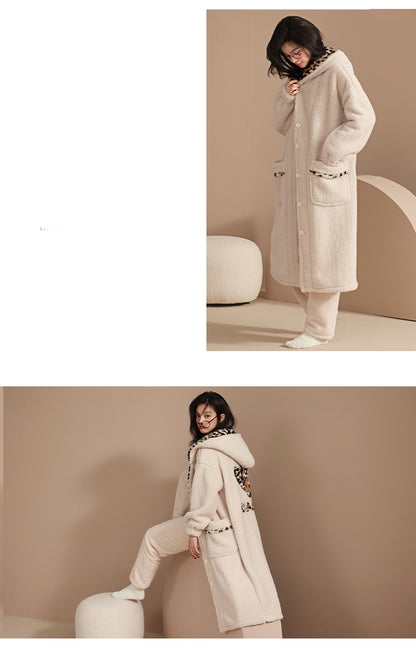 Korean Hooded Warm Female Long Robe Pajamas Plus Velvet