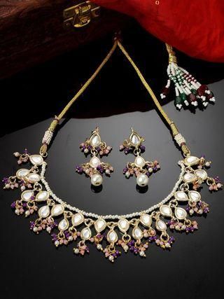 Karatcart Gold Plated Pink and Purple Crystal Kundan Necklace Set for Women PRODUCT CODE (OS0006767)