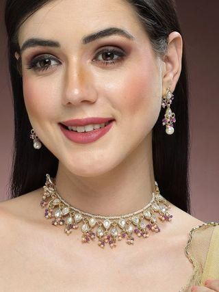 Karatcart Gold Plated Pink and Purple Crystal Kundan Necklace Set for Women PRODUCT CODE (OS0006767)