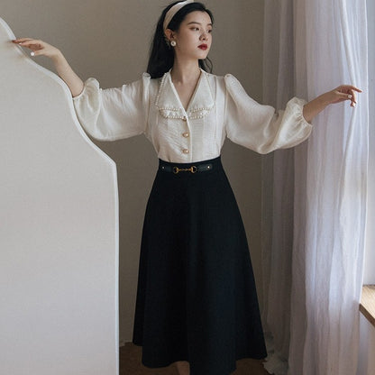 Fashion Pearl Collar Top Retro Skirt Two-piece Suit