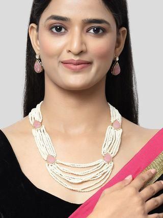 Karatcart Pink Carved Stone Studded Pearl Beaded Rani Haar Necklace Set for Women PRODUCT CODE (OS0006709)