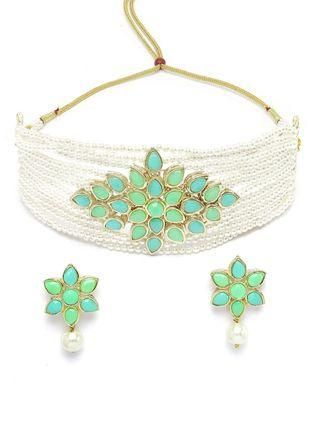 Karatcart Gold Plated Pearl Beaded Light Blue and Light Green Kundan Stone Choker Necklace Set PRODUCT CODE (OS0006765)