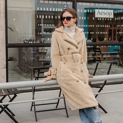 Pure Color Waist Is Thin And Long Leisure Plush Coat Apricot Noble Temperament Coat