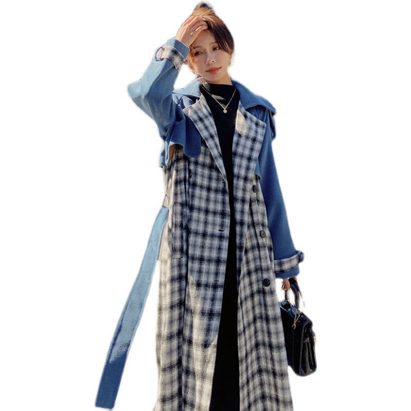 Plaid Stitching Temperament Goddess Fan Woolen Coat Mid-length Coat