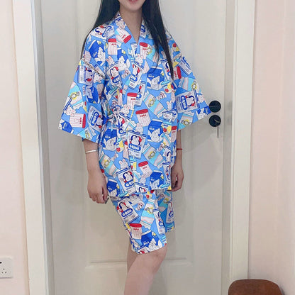 Summer Women's Pure Cotton Short Sleeved Japanese Kimono And Style Short Sleeved Pajamas