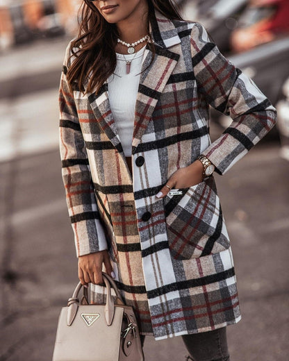 Autumn And Winter Long-sleeved Button-print Woolen Coat