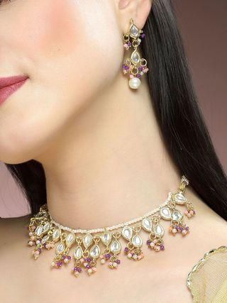 Karatcart Gold Plated Pink and Purple Crystal Kundan Necklace Set for Women PRODUCT CODE (OS0006767)