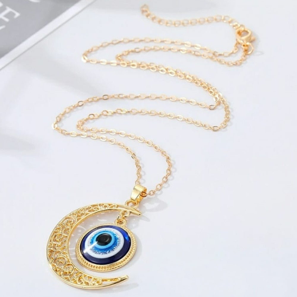 Gold Evil Eye Crescent Moon Pendant Necklace PRODUCT CODE (OS0006902)