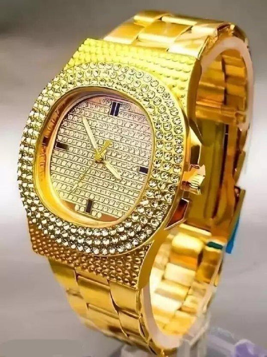 OS Golden Stone Studded Diamond Wrist Watch For Boys & Men PRODUCT CODE (OS0008282)