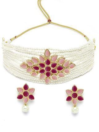 Karatcart Gold Plated Pearl Beaded Royal Pink and Baby Pink Kundan Stone Choker Necklace Set PRODUCT CODE (OS0006774)