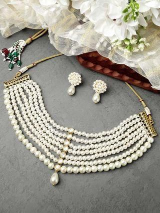 Karatcart Pearl Beaded Kundan Choker Necklace Set for Women PRODUCT CODE (OS0006770)