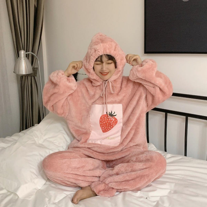 Cute Hooded Pajamas Women Fall And Winter Loose Can Be Worn Outside