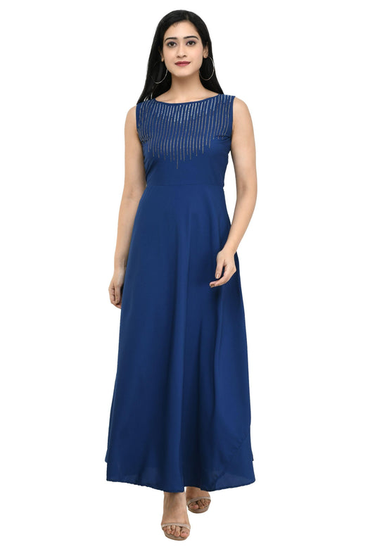 GMG Oceanista Women's Crepe Embellished Partywear Navy Blue Maxi Dress PRODUCT CODE (GMG0010082)