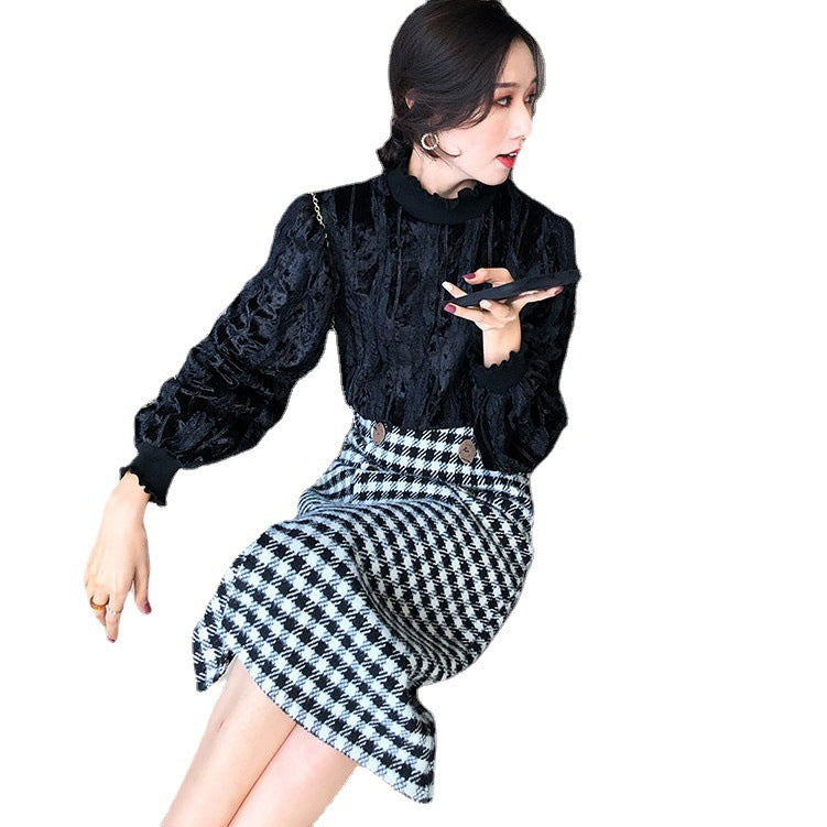 Woolen Plaid Mid-length Skirt High Waist Thinner One-step Split A-line