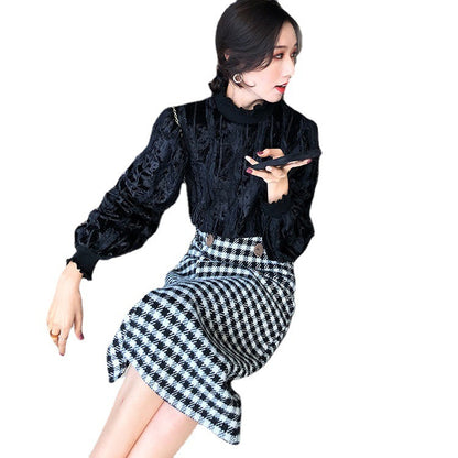 Woolen Plaid Mid-length Skirt High Waist Thinner One-step Split A-line