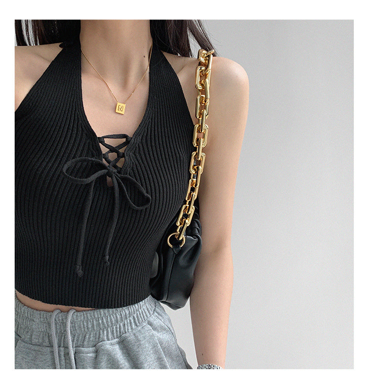 V-neck Lace-up Thread Knit Sling Tube Top