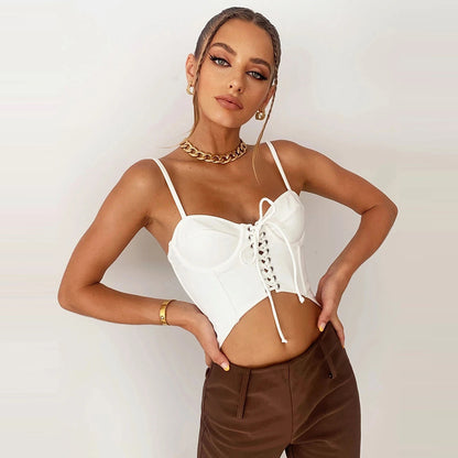 Pure Color Sling Halter Lace-up Short Camisole Blouse