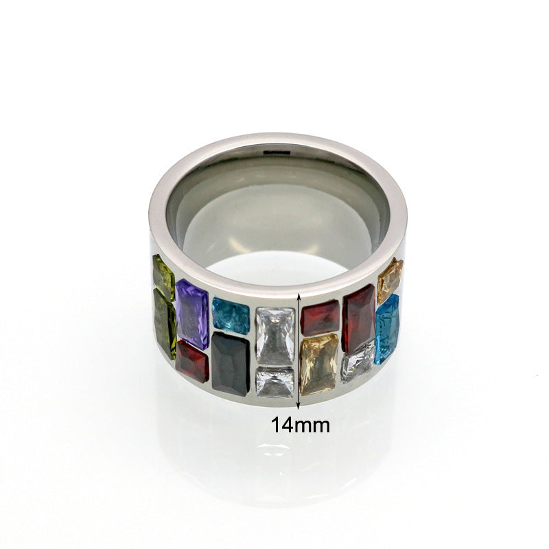 Fashion OL Colorful Ring Titanium Steel With Colored Diamonds