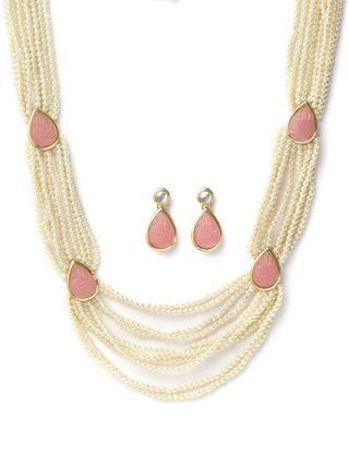 Karatcart Pink Carved Stone Studded Pearl Beaded Rani Haar Necklace Set for Women PRODUCT CODE (OS0006709)