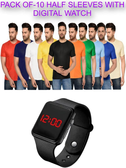 OS Pack of 10 Half Sleeves Round Neck T-shirts with Free Digital Watch PRODUCT CODE(OS0008491)