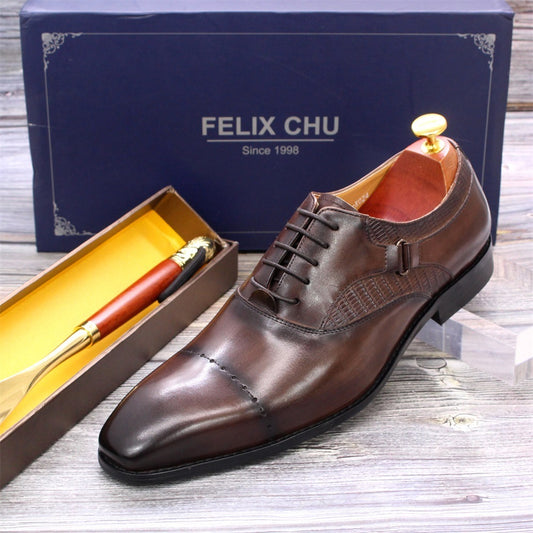 Business Formal Carved Full Cowhide Pointed Toe Handmade Leather Shoes