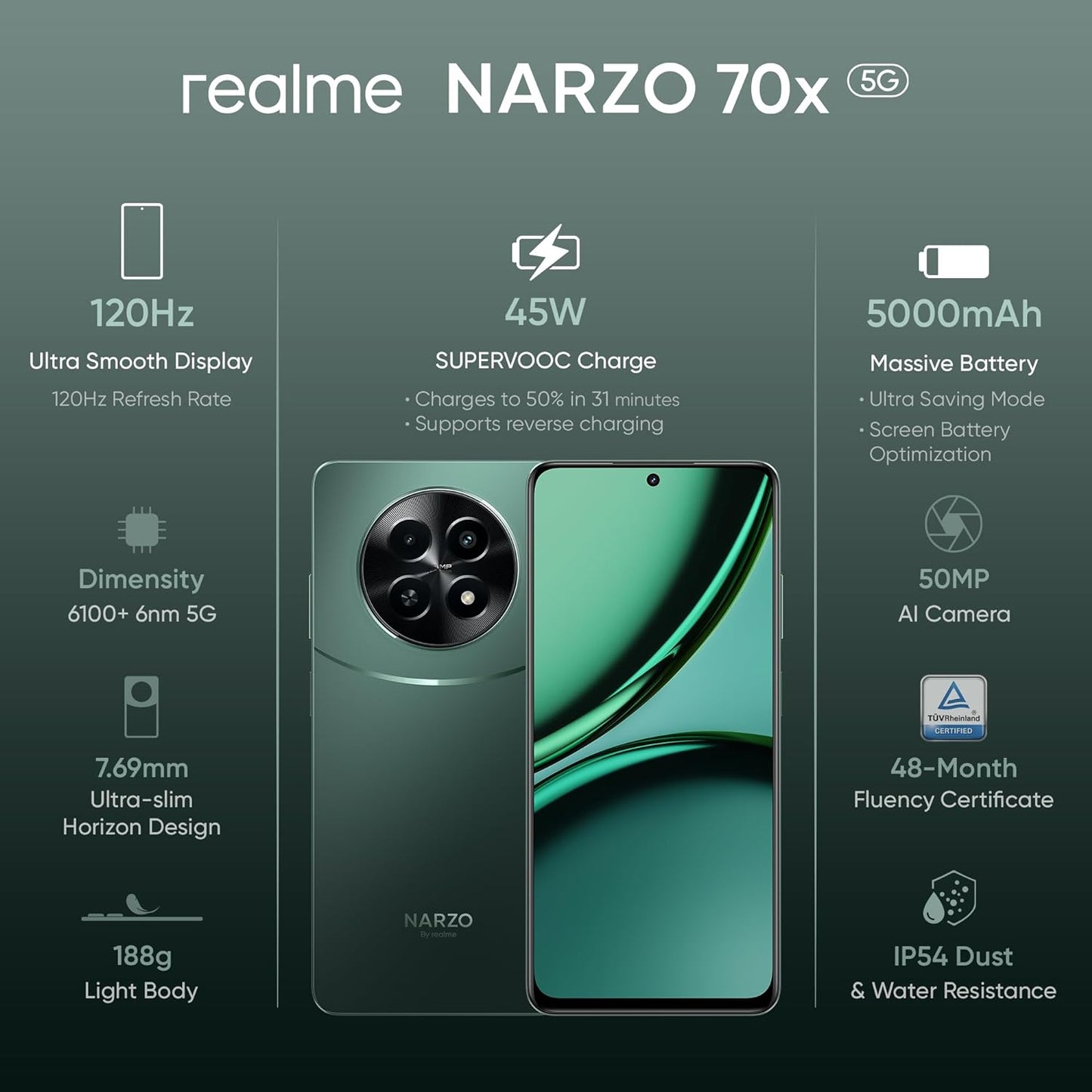 realme NARZO 70x 5G (Ice Blue, 6GB RAM,128GB Storage)|120Hz Ultra Smooth Display|Dimensity 6100+ 6nm 5G|50MP AI Camera|45W Charger in The Box PRODUCT CODE (OS00015005)