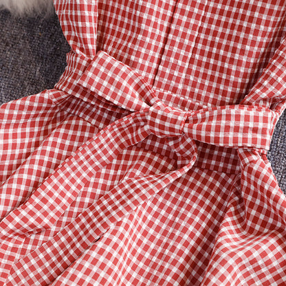 Korean Style Small  Plaid Vest Skirt Sleeveless Waist Waist Slimming A-line Big Swing Dress Female