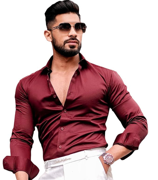 IndoPrimo Men's Casual Solid Satin Shirt for Men Full Sleeves - Crystal