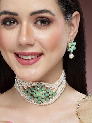 Karatcart Gold Plated Pearl Beaded Light Blue and Light Green Kundan Stone Choker Necklace Set PRODUCT CODE (OS0006765)