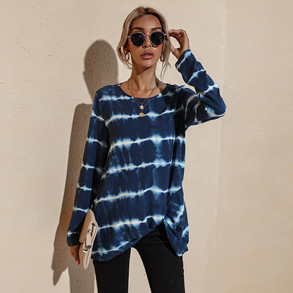 Women's Round Neck Print Striped T-shirt Top