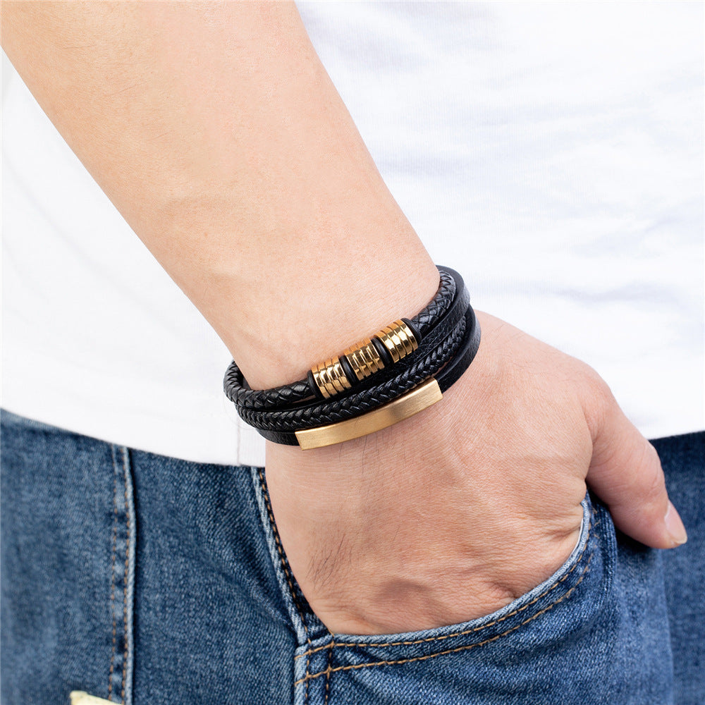 Popular Men's Titanium Steel Leather Woven Bracelet