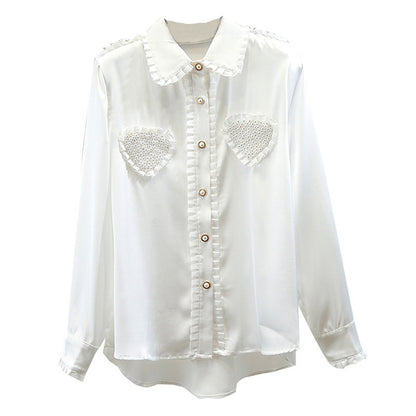 Irregular Single-breasted Long-sleeved Satin Shirt With Doll Collar