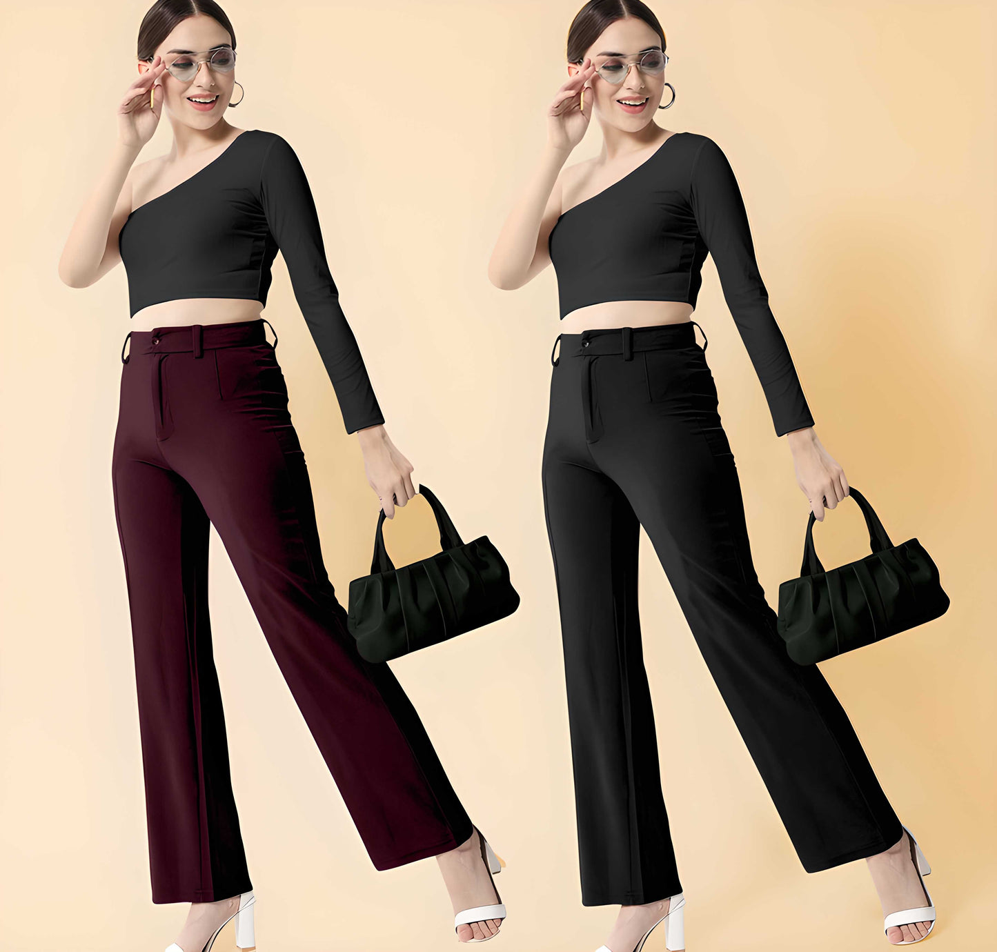 GMG Elegant Wine & Black Lycra Solid Trousers Combo For Women PRODUCT CODE (GMG0010070)